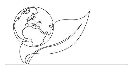 Poster - continuous line drawing vector illustration with FULLY EDITABLE STROKE of of planet earth and tree leaf