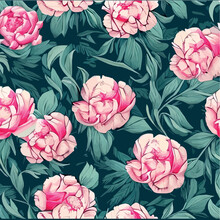 Pink Peonies Flowers And Leaves, Floral Vector Seamless Pattern Spring Summer On Blue Background. Decorative Vintage Beautiful Romantic Floral Illustration Wallpaper For Valentine's Day Or Women's Day