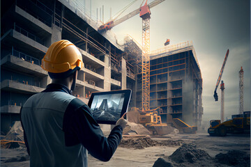 Wall Mural - engineer architect Foreman on construction site with tablet computer