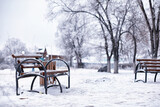 Fototapeta Most - park bench on a winter alley at snowfall. bench with snow after snowstorm or in snow calamity in europe