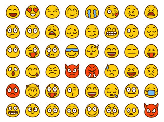 Wall Mural - Set of emoticons showing different emotions in cartoon style isolated on white background.