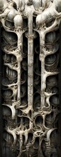 Hr Giger Style Wall With Six Straight Vertical Columns Of Spinal Bones Open Ended Pattern Erotomechanic Smooth Intricate Detail Seamless Airbrushed Photorealistic Octane Render 8k 