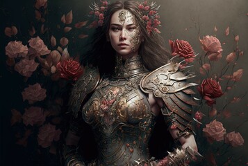 Ancient Queen in Armor with Floral Design. Generative AI, non-existent person.