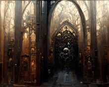 Heavy Wood And Wrought Iron Cathedral Doors Gothic Masonic Carvings Intricate Elegant Highly Detailed Digital Painting Artstation Concept Art Texture Sharp Focus Light Leaks Volumetric Lighting Art 