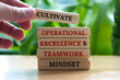 Cultivate operational excellence and teamwork mindset text on wooden blocks with blurred nature background