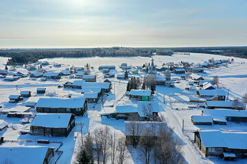 Wall Mural - kimzha village top view, winter landscape russian north arkhangelsk district