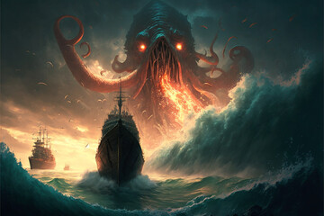 fantasy scene showing Cthulhu the giant sea monster destroying ships, Generative AI	