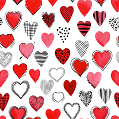 Beautiful Seamless pattern with red watercolor hearts with doodle sketch heart. design for holiday greeting card and invitation of the wedding, Valentine's day and Happy love day