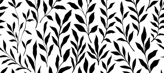 Wall Mural - Leaves branch and Hand Drawn doodle Scribble floral plants seamless pattern. Creative minimalist Abstract art background. Design wall decoration, postcard, poster or brochure