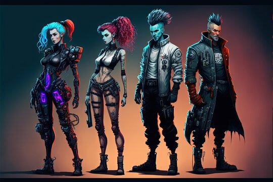 Concept art cyberpunk characters. Avatar character illustratinons. Generative Ai