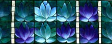 Rectangular Stained Glass Window Repeating Panels Shaped Like Lotus Flower Interlocked Intensely Transparent Transparent Different Shades Of Blue Purple Green Crystalline Glass Silver Inlay 