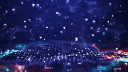 Technology big data network concept. Motion of digital data flow. Transferring of big data, block chain, Communication and technology network concept with moving lines and dots. 3D rendering