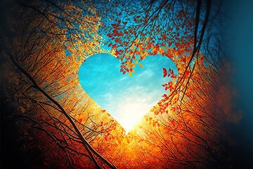 heart shape tree Autumn forest background with Vibrant color skyheart shape tree Autumn forest background with Vibrant color sky. Generative AI