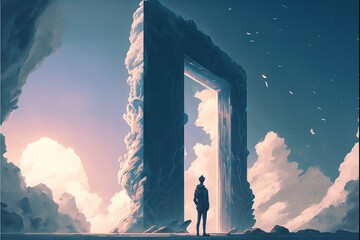 Man looking at the monolith floating in the sky air. illustration. anime. Digital painting art. digital painting style. generative AI