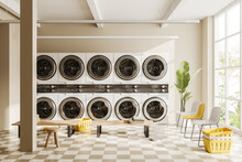 Light Laundry Interior With Row Of Washing Machines And Panoramic Window
