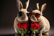 Two Lovely Rabbits Love Each Other Valentine Day Celebration With Red Roses And Wearing Sunglasses. Gnerative AI