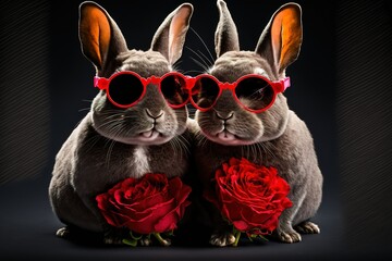 Two lovely Rabbits love each other valentine day celebration with red roses and wearing sunglasses. Gnerative AI