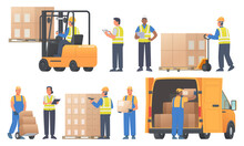 Warehouse Workers Characters Set. Men And Women, Managers And Laborers, Forklift Operator, Movers. Logistics Center Staff