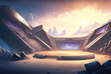 Futuristic Arena Background Illustration For Game Design. Abstract Background With Futuristic Sci Fi Empty Stage. Alien Planet. Futuristic View Of An Opened Fight Arena. Video Game Asset. Concept Art