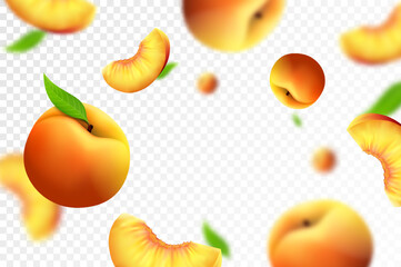 Wall Mural - peach background. flying whole and slices of peach with blurry effect. can be used for wallpaper, ba