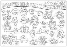 Vector Black And White Easter Egg Hunt Journey Game With Holiday Symbols. Line Kawaii Spring Planner, Maze, Advent Countdown Calendar For Kids. Festive Garden Coloring Page With Bunny, Chick.
