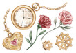 Big set of watercolor vintage illustrations: gold pocket watch and medallion, gears, red and pink roses. Isolated.