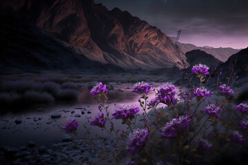 Wall Mural - purple flowers in the mountain at night