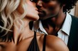 An elegant suggestive coloured kiss, close portrait of a beautiful sexy young couple, interracial, handsome black man and metis, Arab or tanned blonde woman sensually kissing, made with AI Generative 