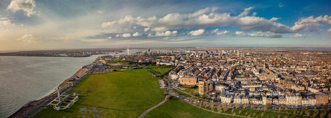 Wall Mural - Aerial view of the town and the bay of Portsmouth, Southern England