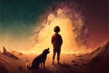 Dog Looking At The Boy Shattering Into Dust Against The Sunset Background,  Generative AI	