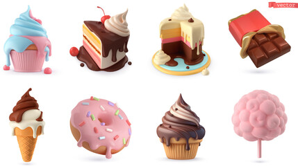sweet food 3d vector icon set. cupcake, cake, chocolate bar, ice cream, donut, cotton candy