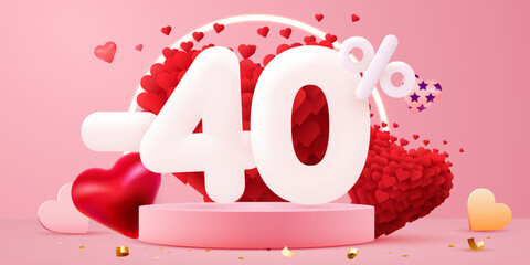 40 percent Off. Discount creative composition. 3d sale symbol with decorative objects. Valentine's day promo. Sale banner and poster.