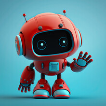 Friendly Positive Cute Cartoon Red Robot Waving Its Hand. Chatbot Greets. Customer Support Service Chat Bot. Robot Assistant, Online Consultant. 3d Illustration On Light Blue Background. Generative Ai