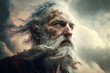 Old man head with a beard, with a stormy sky in the background. Visionary man or prophet. Cinematic effect. Created with Generative AI technology.