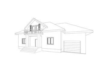 Sticker - 3D suburban house model. Drawing of the modern building. Cottage project on white background. Vector blueprint.