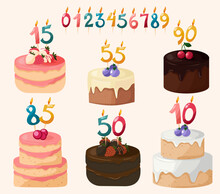 Set Of Festive Decorated Cakes With Candles Figures As Numbers. Flat Vector Illustration.