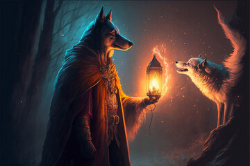 Wall Mural - The wolf sees a wolf-man holding a lantern, Generative AI