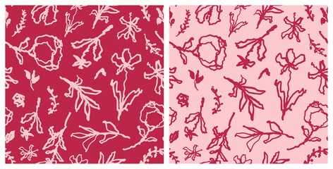 Wall Mural - Set of scribbled flowers with leaves seamless repeat pattern. Bundle of random placed, vector hand drawn botanical elements on vivid magenta and pink backgrounds.