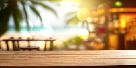 Wall Mural - Top of wood table with seascape and palm tree, blur bokeh light of calm sea at tropical beach background. Empty ready for your product display montage. summer vacation background, generative ai