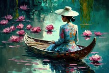 Oil Painting Style Illustration Of Beautiful Woman From Backside On Wooden Paddle Boat In Pond With Pink Water Lily Blossom