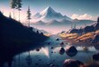 beautiful landscape, hill, forest and crystal surface lake Generative Ai 