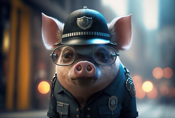 Wall Mural - illustration of a pig wearing fashion costume or disguise as police officer theme with urban cityscape as background Generative Ai	