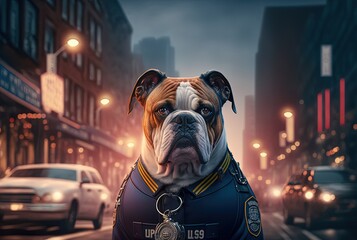 Wall Mural - illustration of a dog wearing fashion costume or disguise as police officer theme with urban cityscape as background Generative Ai	