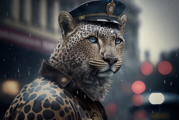 Wall Mural - character design illustration of a leopard wearing police officer uniform with urban cityscape background Generative Ai	