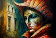 oil painting illustration of a woman wearing masquerade headdress with cityscape background Generative Ai	