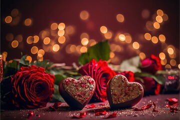 valentine day celebration with red roses, chocolates, candles, and champagnes with red bokeh background. red heart bokeh valentine background. Generative AI