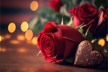 Valentine Day Celebration With Red Roses, Chocolates, Candles, And Champagnes With Red Bokeh Background. Red Heart Bokeh Valentine Background. Generative AI