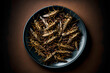 Fried edible insects on a plate. Crickets as snack, good source of protein. Entomophagy, insectivory concept. Generative AI.