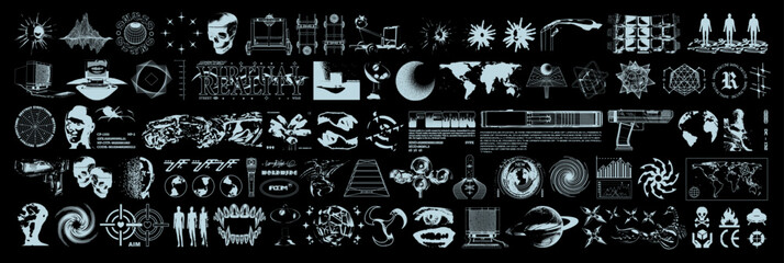 Retro futuristic grunge elements for design. Abstract weapons, retro computers, techno elements, universal shapes. Blanks for a poster, banner, business card, sticker