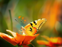 Beautiful Cute Yellow Butterfly On Orange Flower In Nature Outdoors In Spring Summer On Bright Sunny Day, Macro. Beautiful Blurry Bokeh.